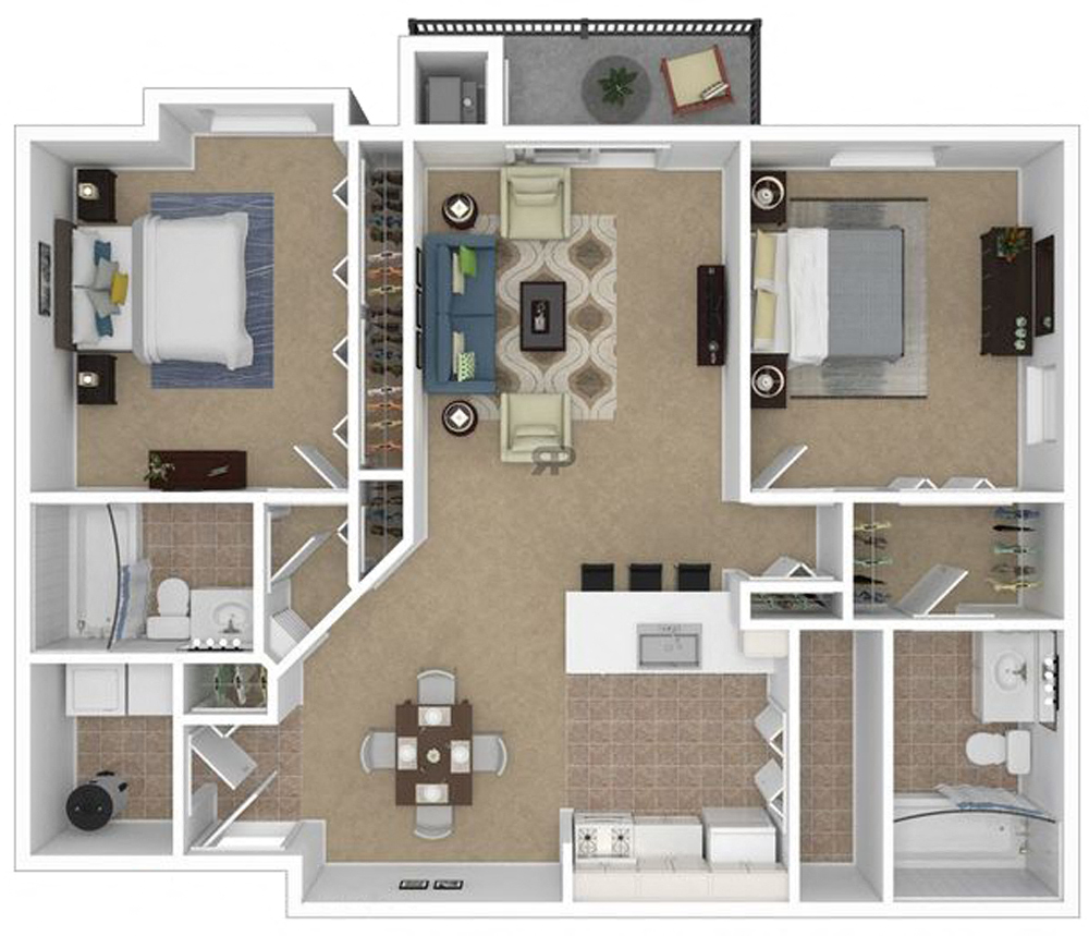 Floor plan for 2 beds, 2 baths, 1125 sqft